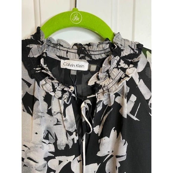 Calvin Klein Women's Printed Chiffon Peasant Blouse Sz Medium Black/White - Picture 1 of 6